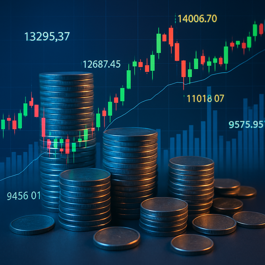 photographic A visually rich financialthemed composition featuring multiple stacks of metallic coinssome neatly piled others scatteredset against a sl-2