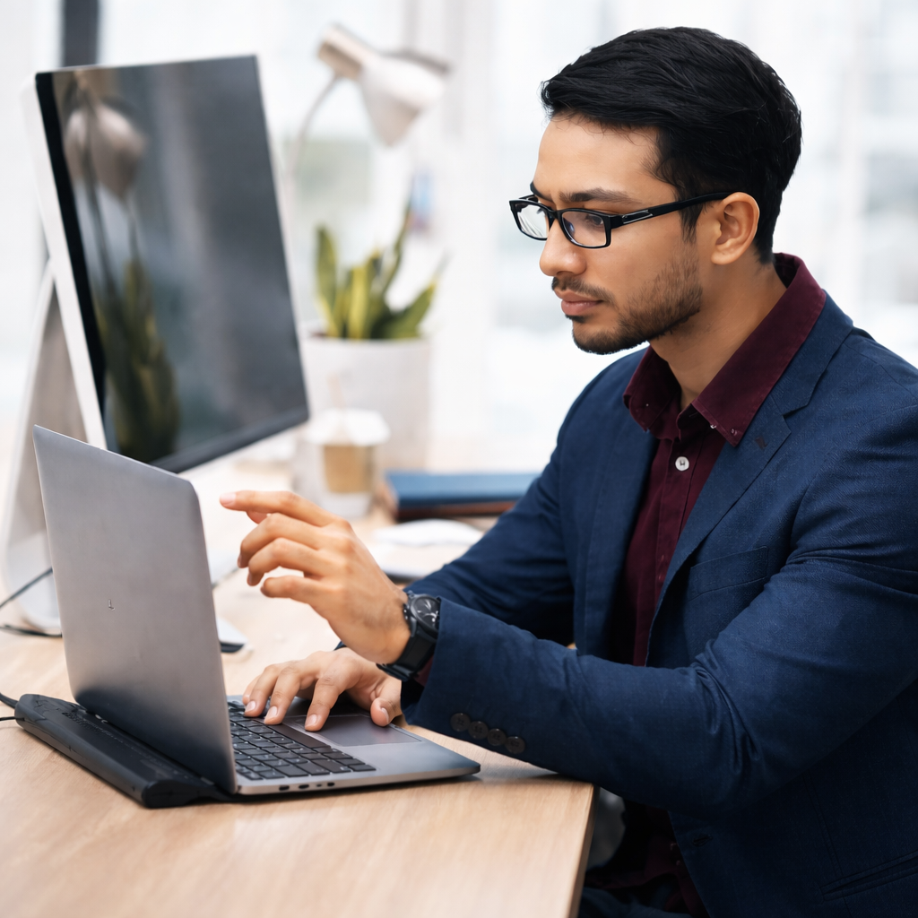 photographic A highresolution professional office scene featuring a sharply dressed individual in a tailored business suit seated at a sleek desk in a-3