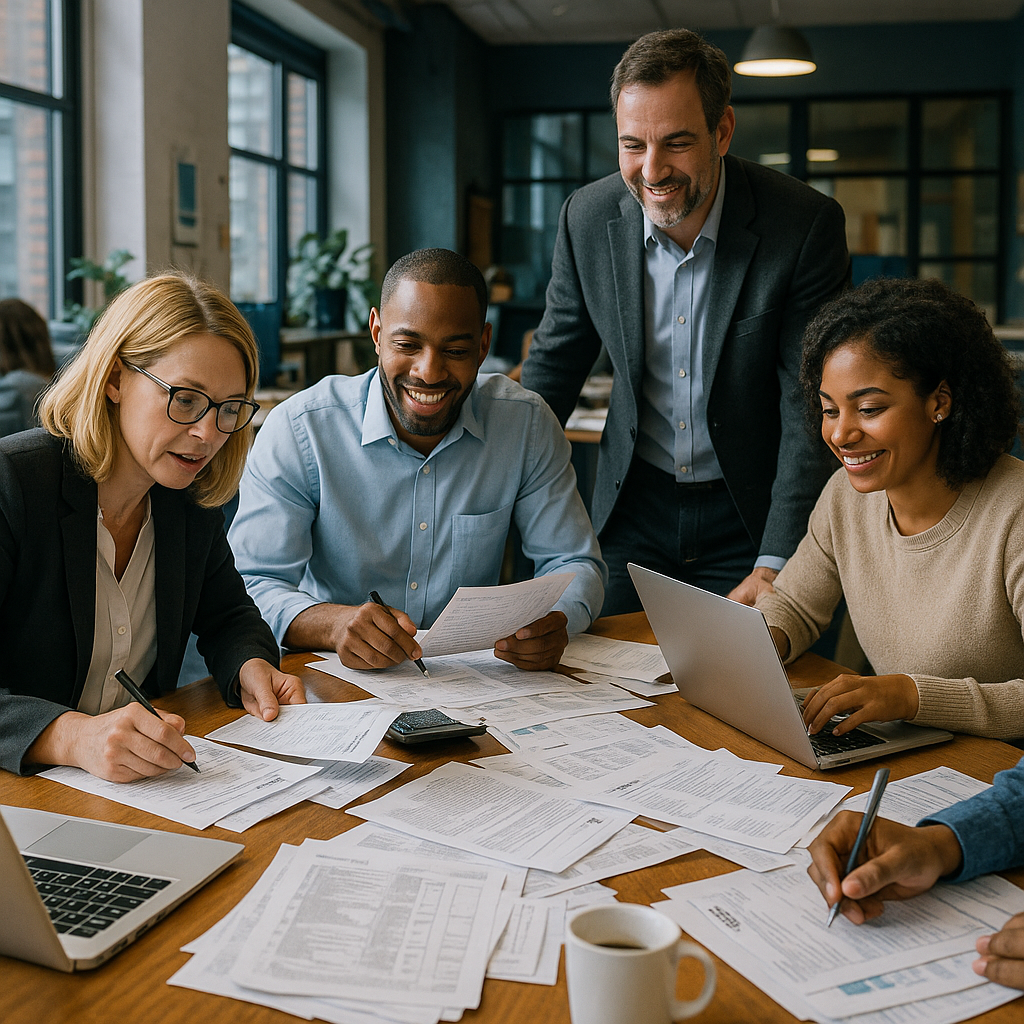 photographic In a bustling office filled with natural light a diverse group of accountants collaborates around a large oak conference table Papers are-1